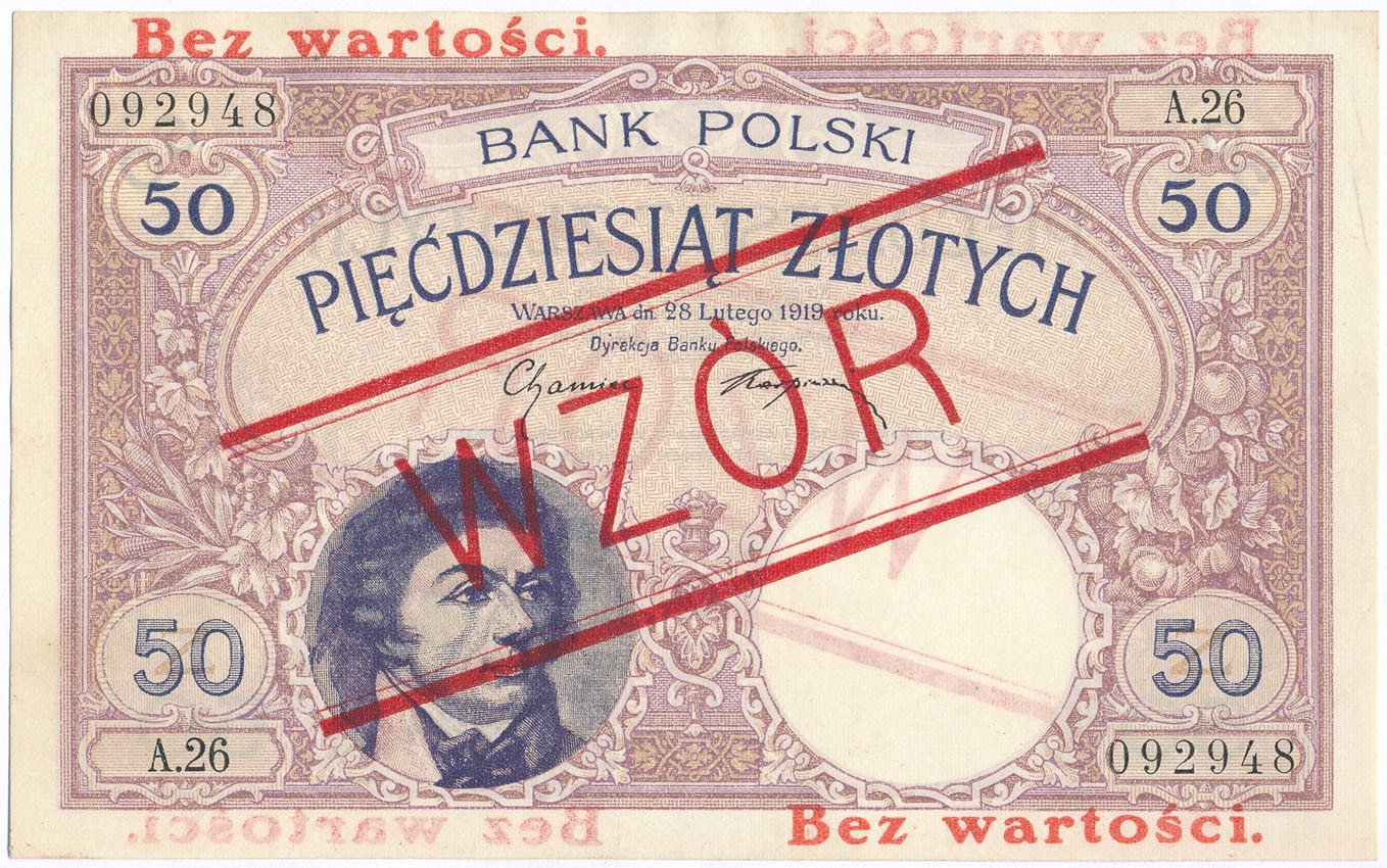 Banknot. WZÓR 50 złotych 1919 Kościuszko seria A.26 - RZADKOŚĆ R7